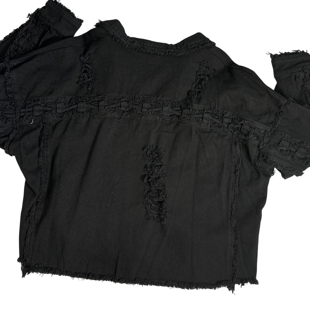 Blue Velvet Womens Distressed Denim Jacket Black Cut Out Frayed Hem 8959BT M - Picture 5 of 8